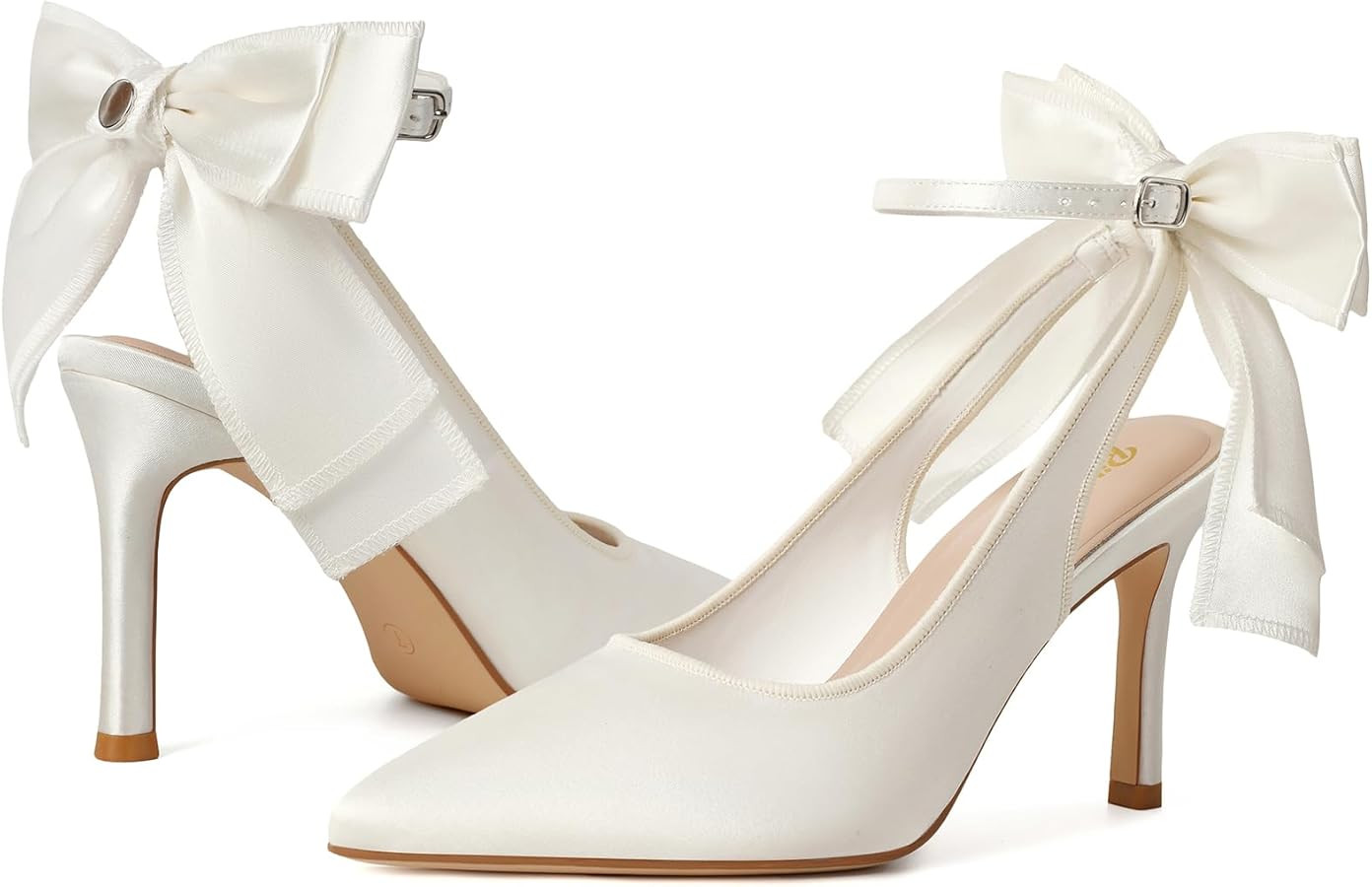 RIBONGZ Heels for Womens Bow Heels with Strappy Wedding Satin Shoes for Bride Closed Pointed Toe ... | Amazon (US)