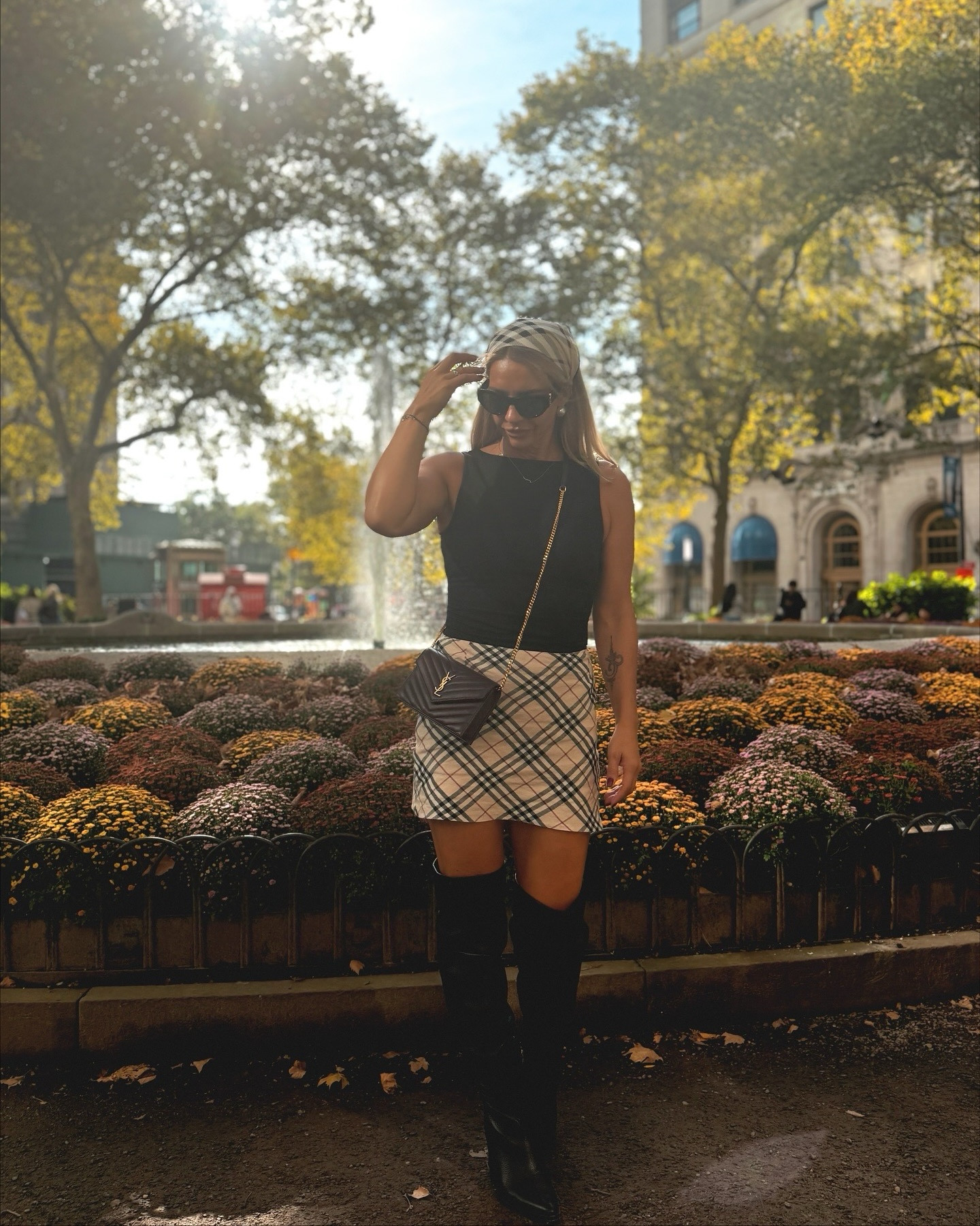 A warm autumn day in NYC, wearing the comfiest thigh high boots and vintage Burberry 