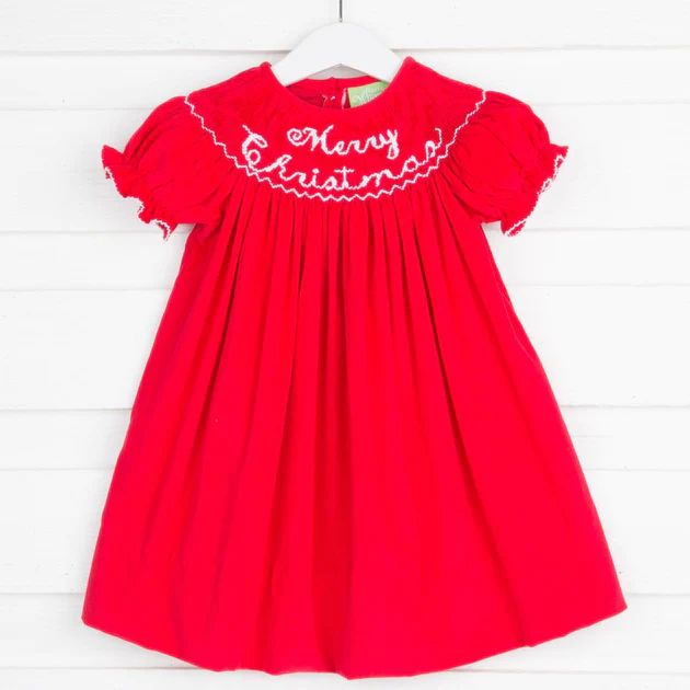 Merry Christmas Smocked Bishop Red Corduroy | Classic Whimsy