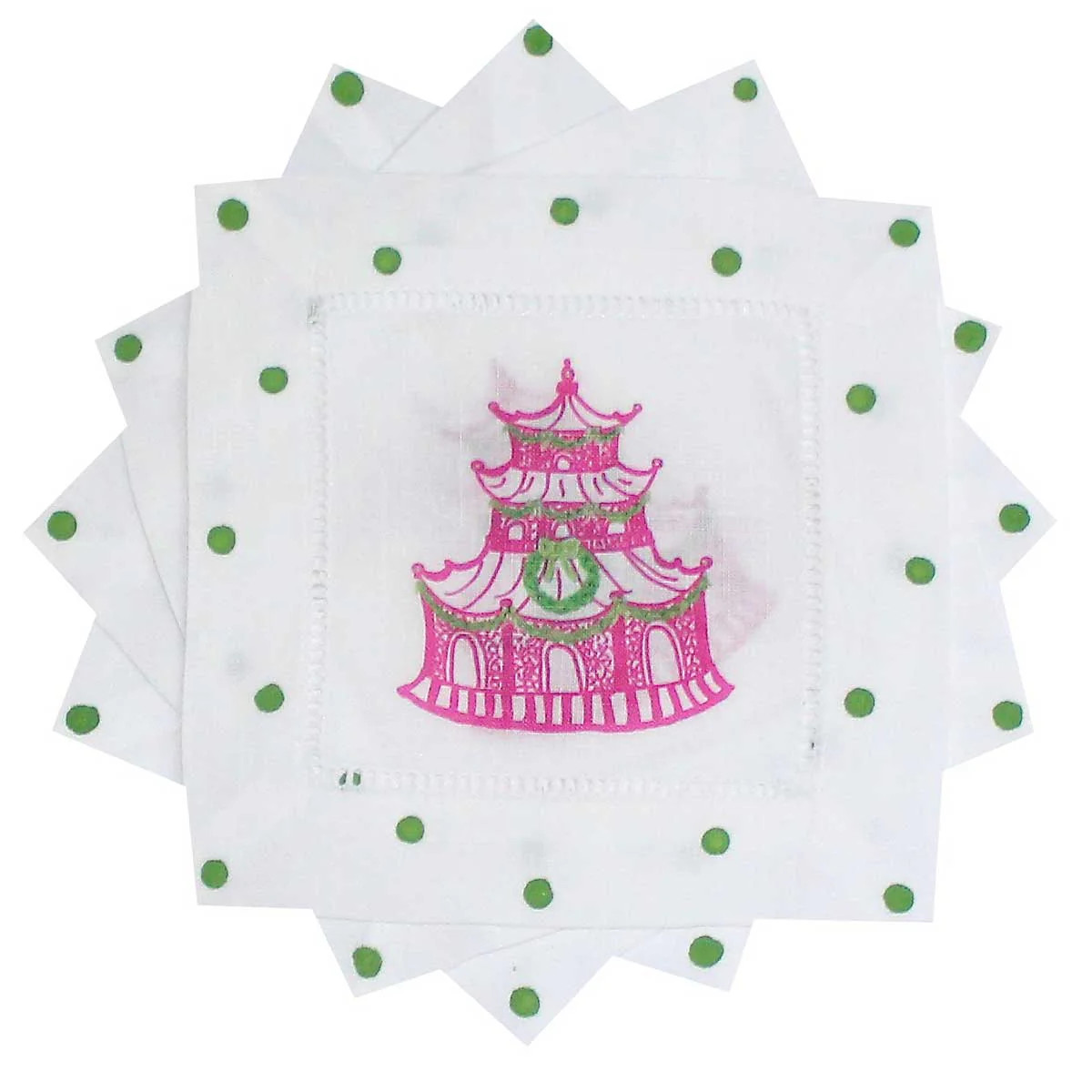 Chinoiserie Christmas Pink Pagoda Linen Cocktail Napkins | Lemondaisy Design