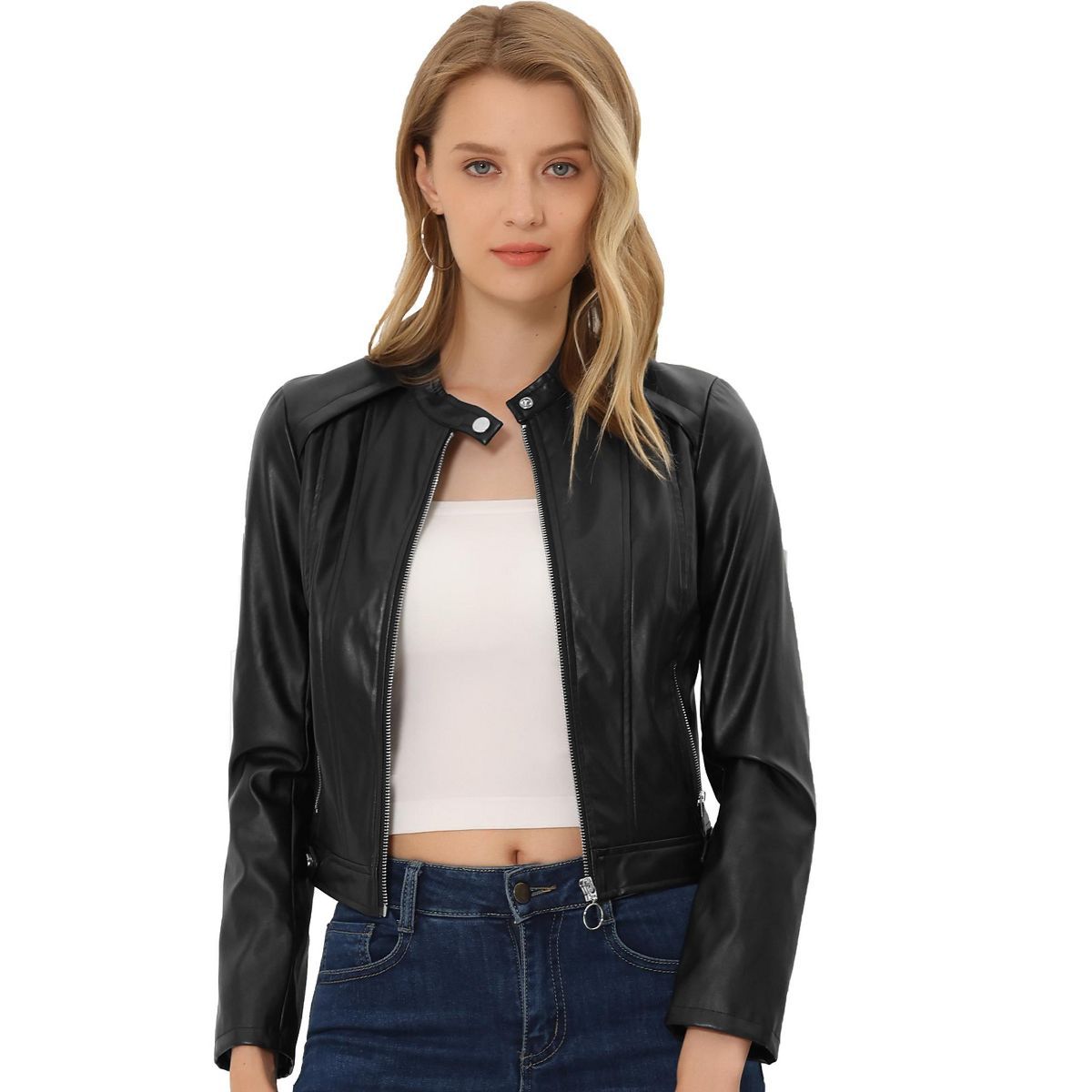 Allegra K Women's Faux Leather Jacket Zip Up Slim Fit Long Sleeve Moto Biker Coat | Target
