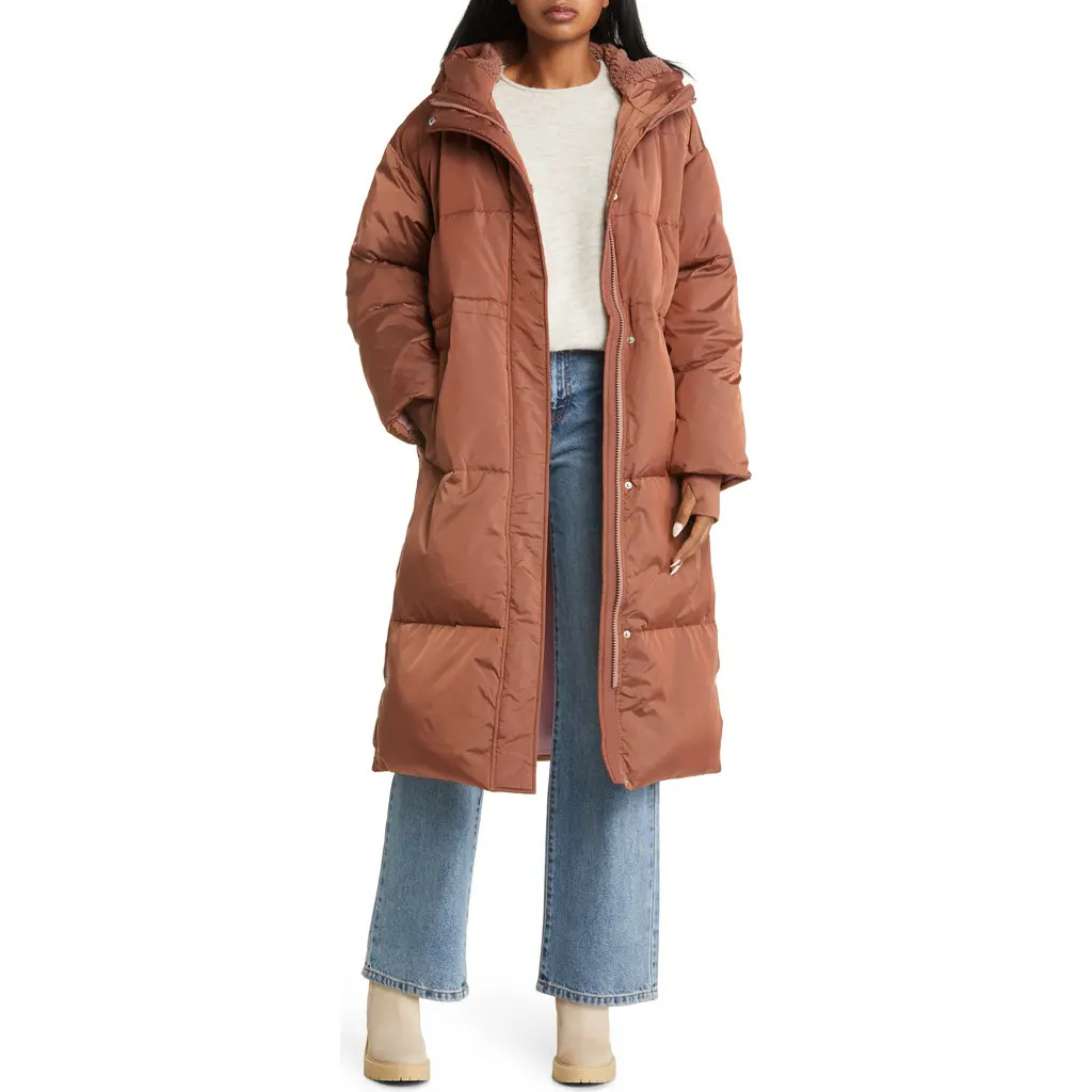 UGG(r) Keeley Faux Shearling Trim Longline Puffer Coat in Dark Chestnut at Nordstrom, Size Medium Regular | Nordstrom
