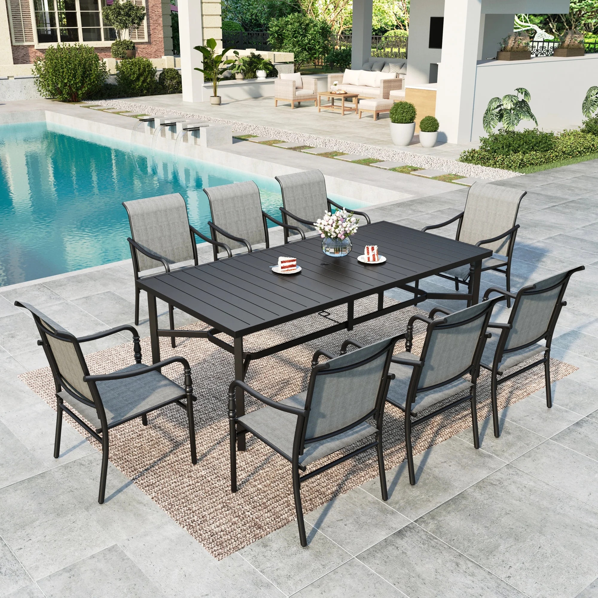 Summit Living 9-Piece Outdoor Patio Dining Set, 8 Textilene Neoclassical Style Armchair & 83" Lar... | Walmart (US)