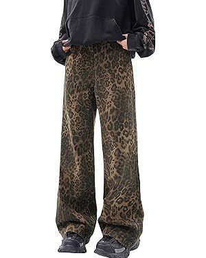 Y2k Leopard Pants Wide Leg Jeans Woman Loose Fit Jeans Hip Hop Pants Vintage Baggy Trousers | Amazon (US)