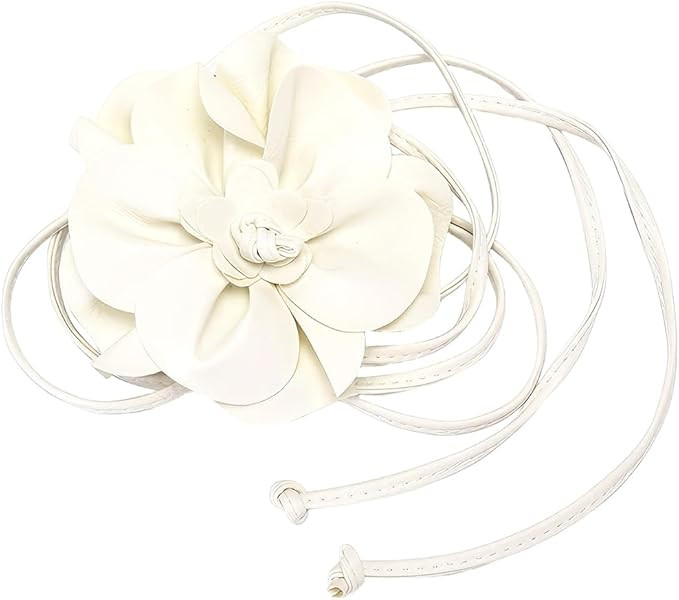 White Boho PU Leather Flower Waist Band 0.3 Inch Skinny Waistband Leather Rope Tassel Thin Elegan... | Amazon (US)