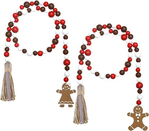 2 Pieces Christmas Wood Bead Garland Christmas Farmhouse Wall Hanging Wood with Tassels Gingerbre... | Amazon (US)