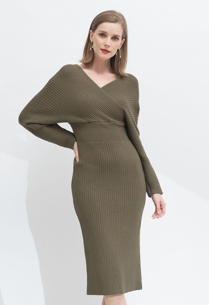 Long Sleeve Wrapped Bodycon Knit Midi Dress in Army Green | Chicwish