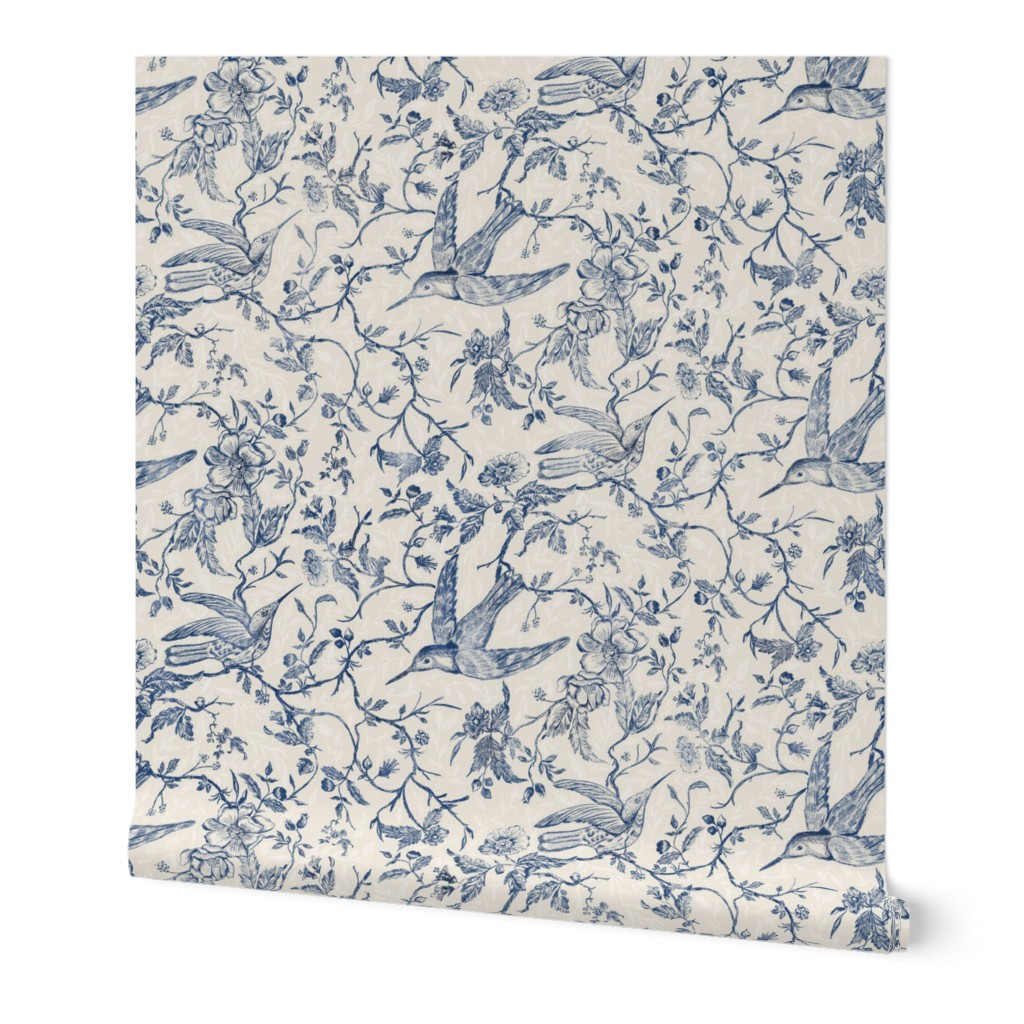 Wallpaper in French Country Vintage Birds and Roses Blue Large | Spoonflower