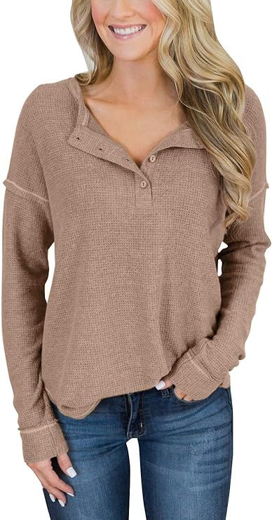 PRETTODAY Women's Long Sleeve Waffle Knit Henley Tops Thermal Button Up Tunics Round Neck Pullove... | Amazon (US)
