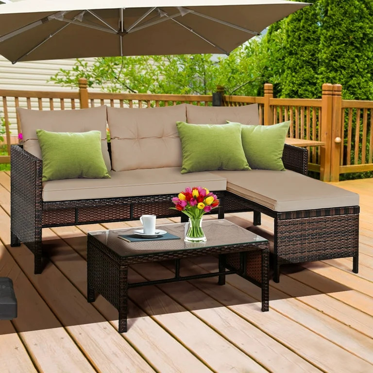 Gymax 3PCS Outdoor Rattan Furniture Set Patio Couch Sofa Set w/ Coffee Table | Walmart (US)