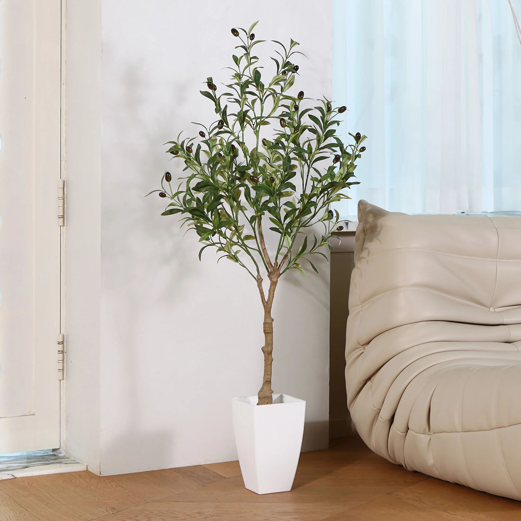 4 ft Artificial Olive Plants in White Tower Planter with Realistic Leaves and Trunk, Silk Fake Ol... | Walmart (US)