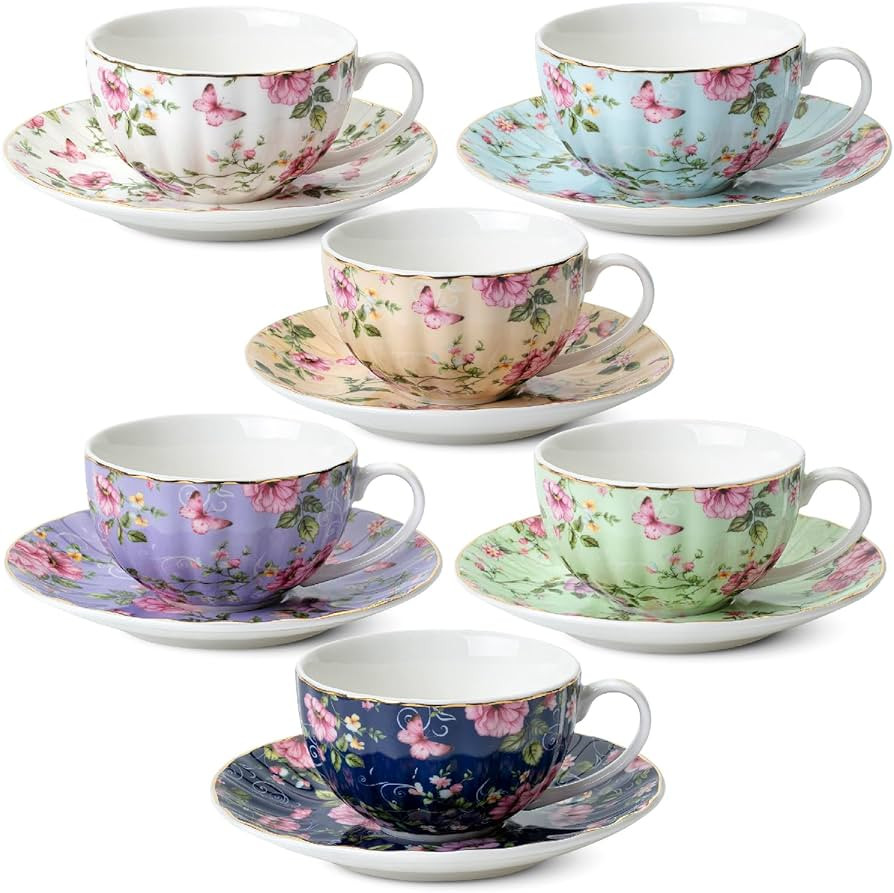 BTaT- Floral Tea Cups and Saucers Set of 6 (7 oz), Porcelain Tea Cups Set of 6, Modern Midnight F... | Amazon (US)