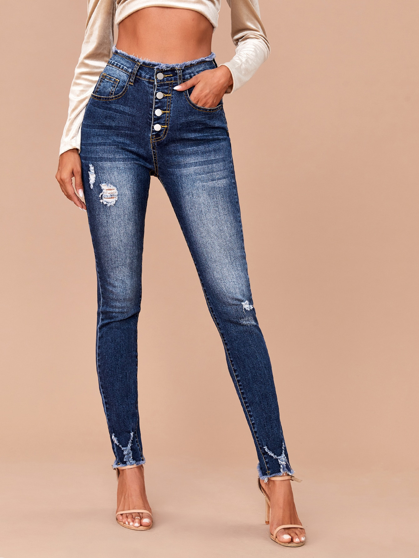 Raw Hem Ripped Skinny Jeans | SHEIN