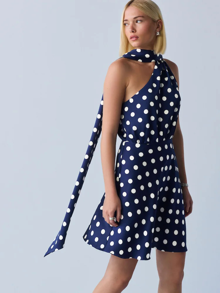 Navy Blue Polka Dot Textured Satin One Shoulder Mini Dress | Next EU
