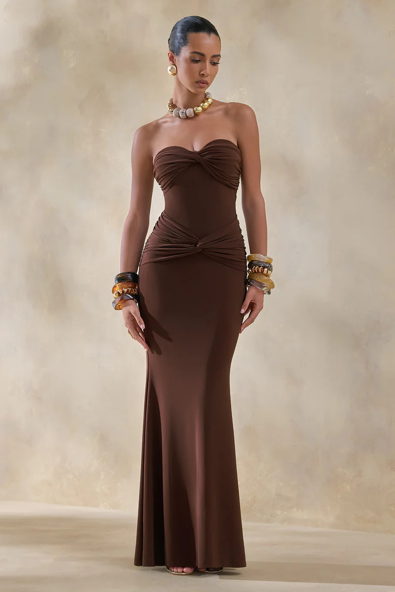Elodia  Brown Bandeau Maxi Dress With Gathered-Detailing | Club L London