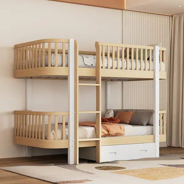 Classic Wood Twin over Twin Bunk Bed with Fence Guardrail and Big Drawer - Natural | Bed Bath & Beyond