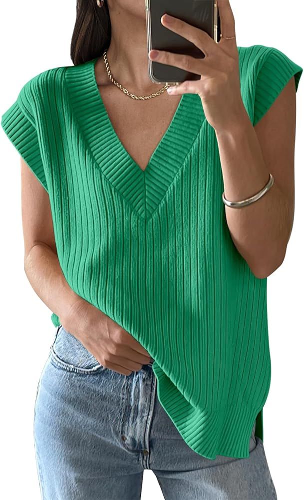 ANRABESS Womens V Neck Sweater Vest Oversized Sleeveless Tops Casual Ribbed Knit Loose 2024 Summe... | Amazon (US)