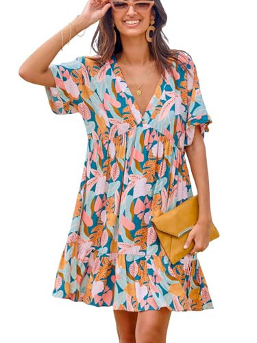 CUPSHE Women's Mini Dresse's V Neck Tropical Short Sleeve Loose Fit Ruffled Short Summer Casual Dress Pink Tropical, Les | Amazon (US)