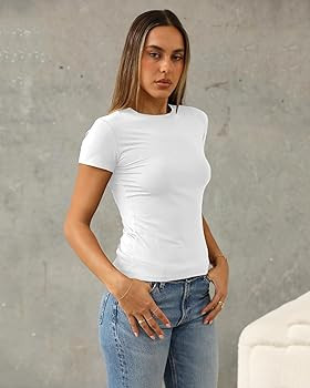 Abardsion Women's Casual Basic Going Out Crop Tops Slim Fit Short Sleeve Crew Neck Tight T Shirts... | Amazon (US)