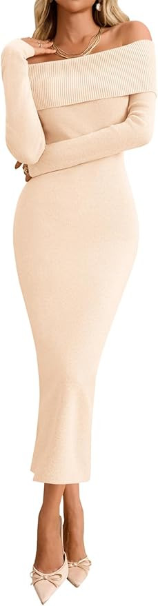 Wenrine Womens Off The Shoulder Bodycon Sweater Dress 2025 Elegant Long Sleeve Cocktail Party Mid... | Amazon (US)