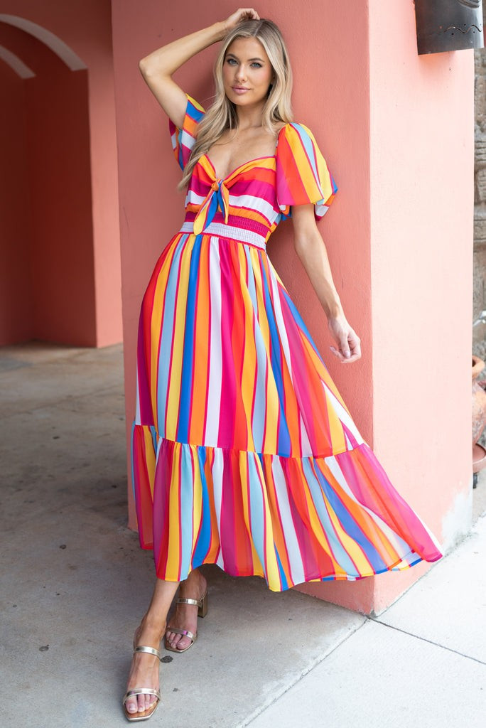 Bring Her To Life Rainbow Print Maxi Dress | Red Dress 