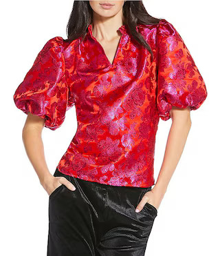 Duson Floral Split Neck Short Puff Sleeve Jacquard Top | Dillard's