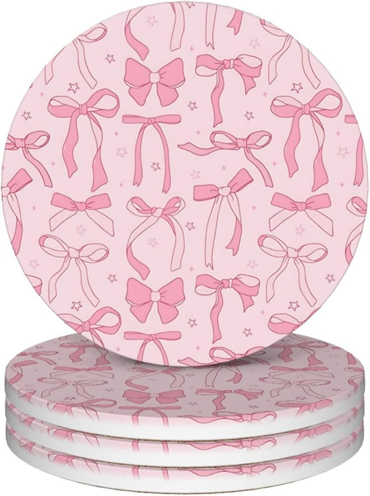Absorbent Coasters for Drinks, Set of 4 Ceramic Cork Base Coasters Set Decorative 4.1""- Pink Bow... | Amazon (US)