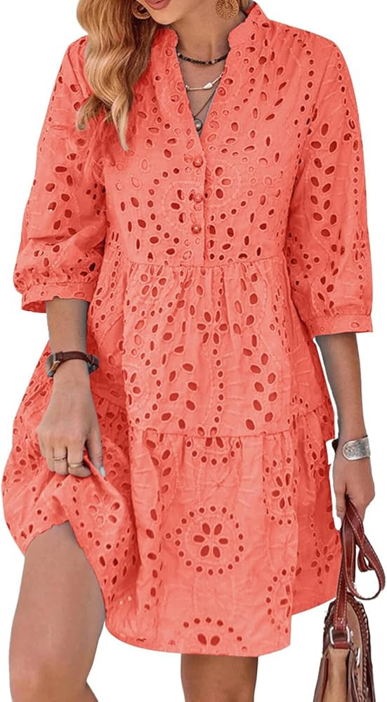 utcoco Women's 2025 Eyelet Lace Midi Dress V Neck Puff 3/4 Sleeve Button Tiered Sexy A Line Sun D... | Amazon (US)