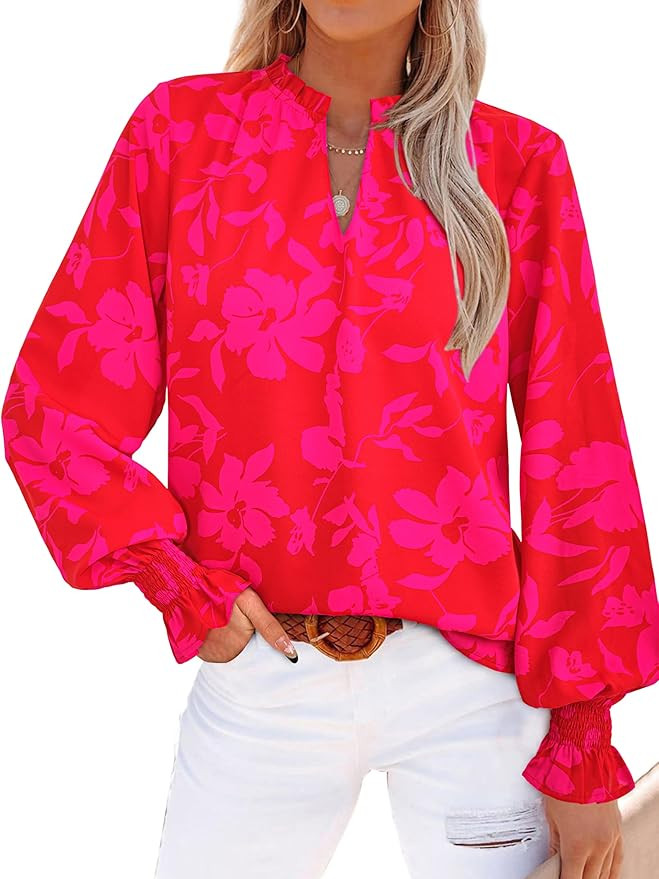 MASCOMODA Womens V Neck Floral Long Sleeve Tops 2025 Summer Casual Loose Puff Sleeve Chiffon Boho... | Amazon (US)
