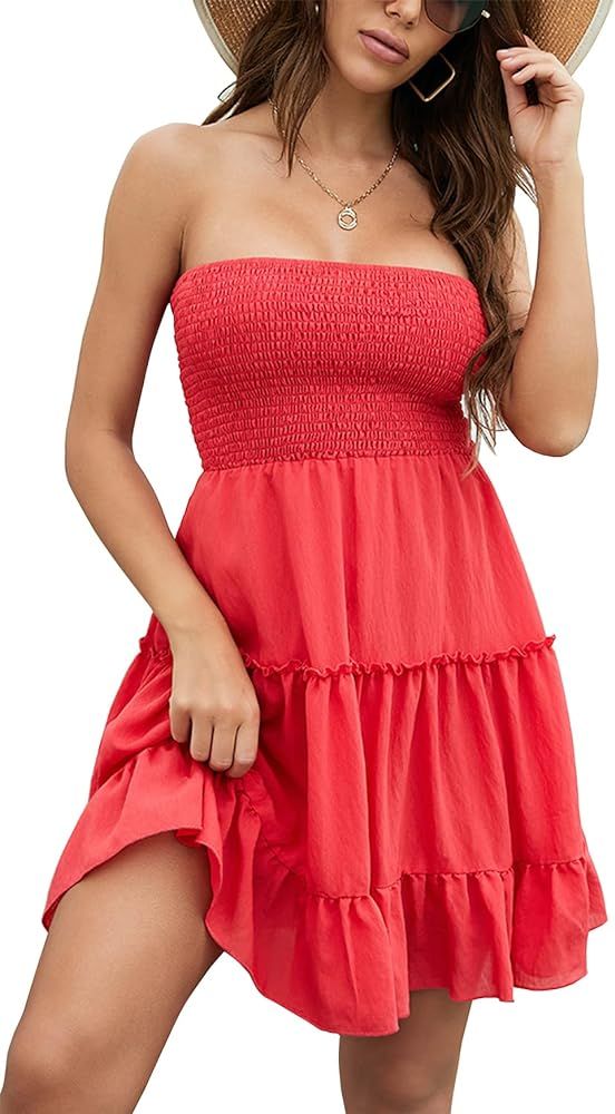 Tube Top Dress for Women Summer Solid Strapless Mini Dresses, Off The Shoudle Ruffle Beach Dress | Amazon (US)