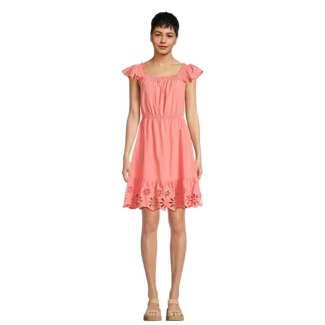 Time and Tru Women's Square Neck Eyelet Trim Mini Dress, Sizes XS-XXXL | Walmart (US)