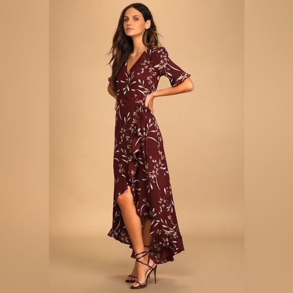 Lulu’s Wild Winds Burgundy Floral Print High-Low Wrap Dress | Poshmark