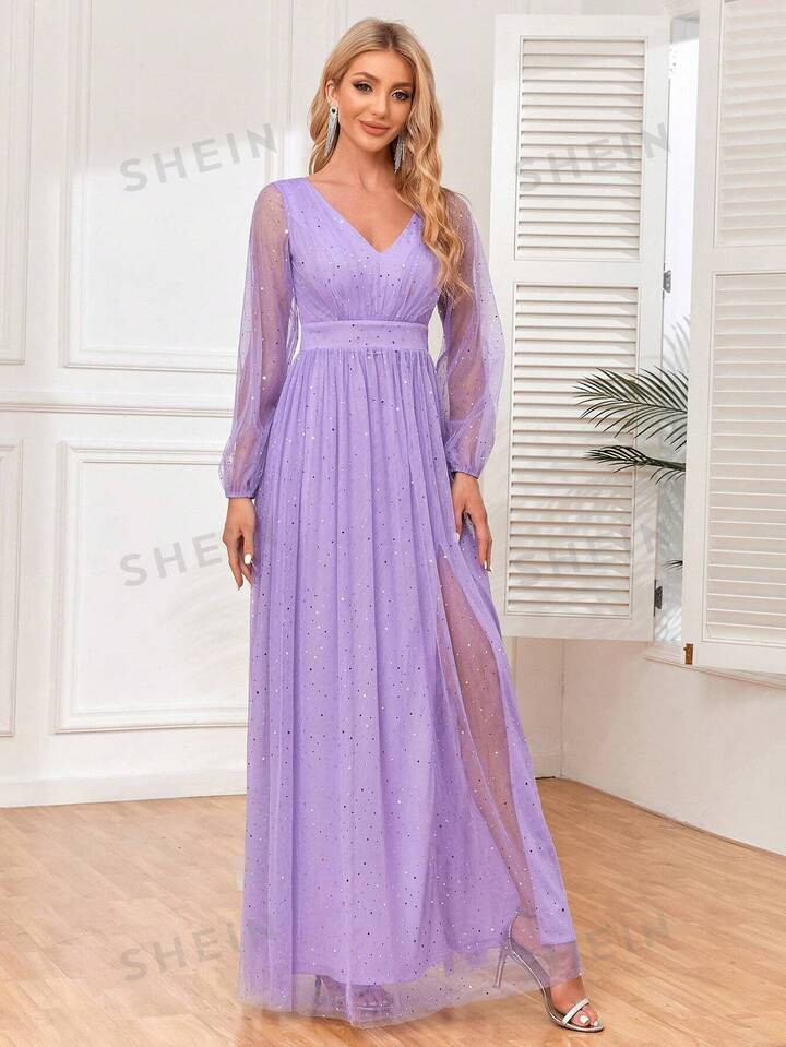 V Neck Lantern Sleeve Mesh Overlay Bridesmaid Dress | SHEIN