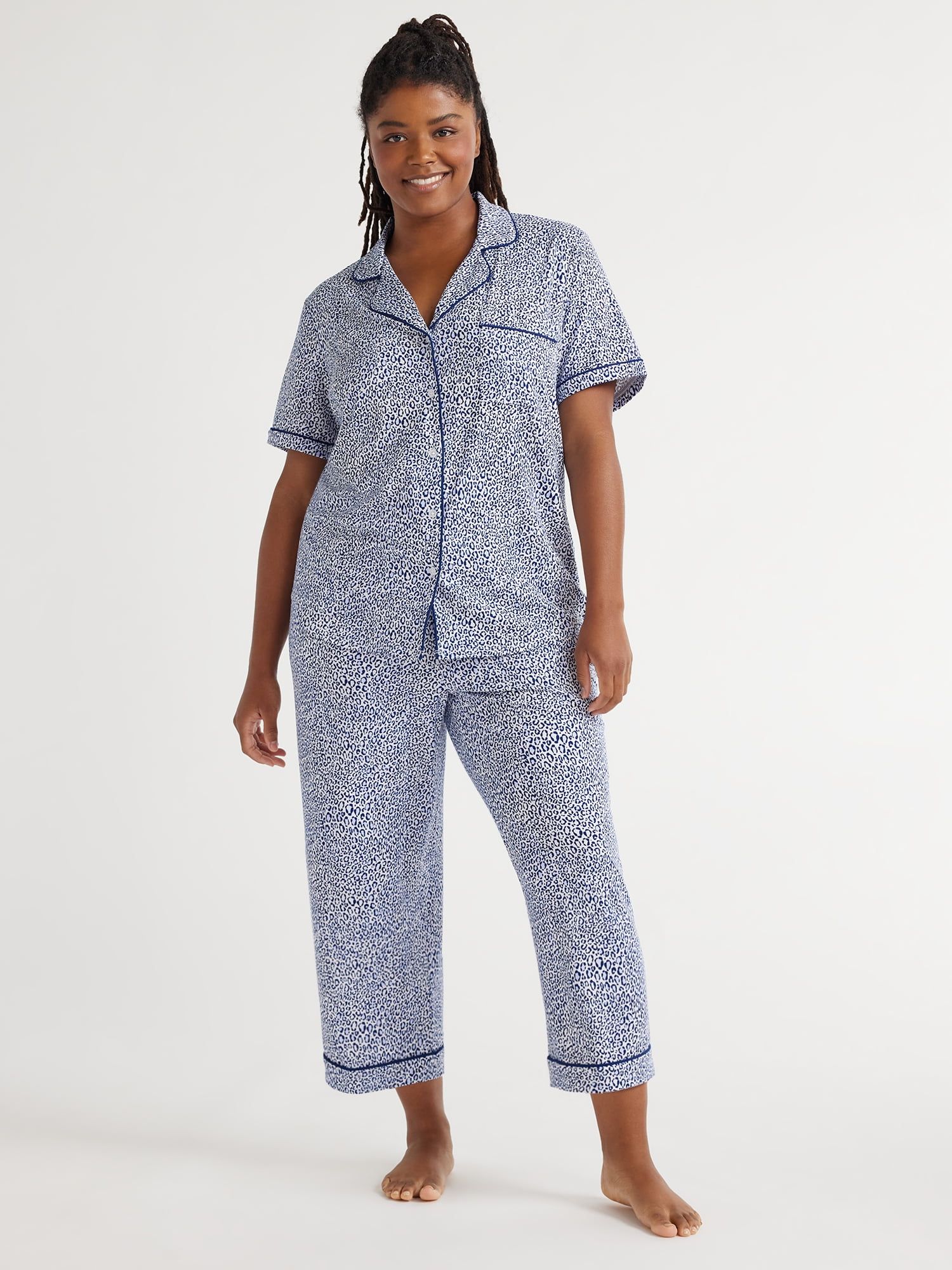 Joyspun Women's Knit Short Sleeve Notch Collar Top and Capri Pajama Set, 2-Piece, Sizes S to 3X -... | Walmart (US)
