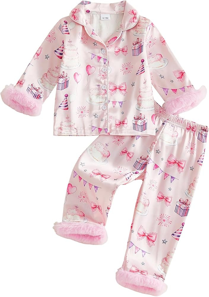 Kuriozud Kids Toddler Girl Satin Pajamas Fuzzy Trim Long Sleeve Button Down Shirt Top and Pants 2... | Amazon (US)