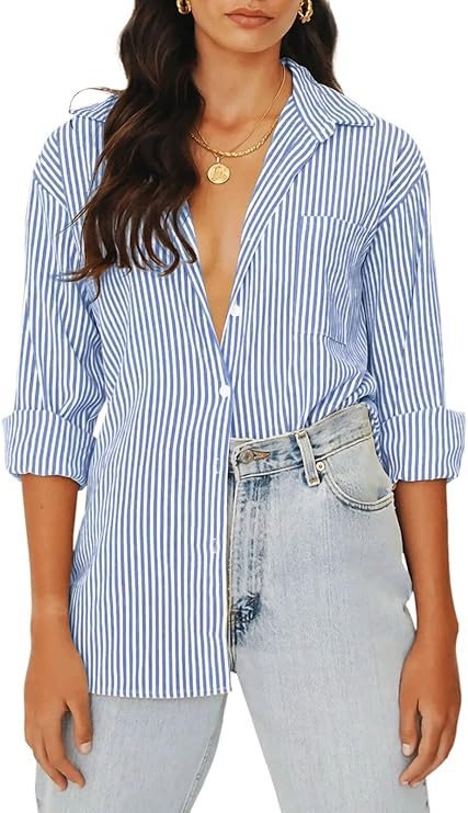 Women's Blouses Striped Long Sleeve Shirts Button Down Loose Fit Casual Tops | Amazon (US)