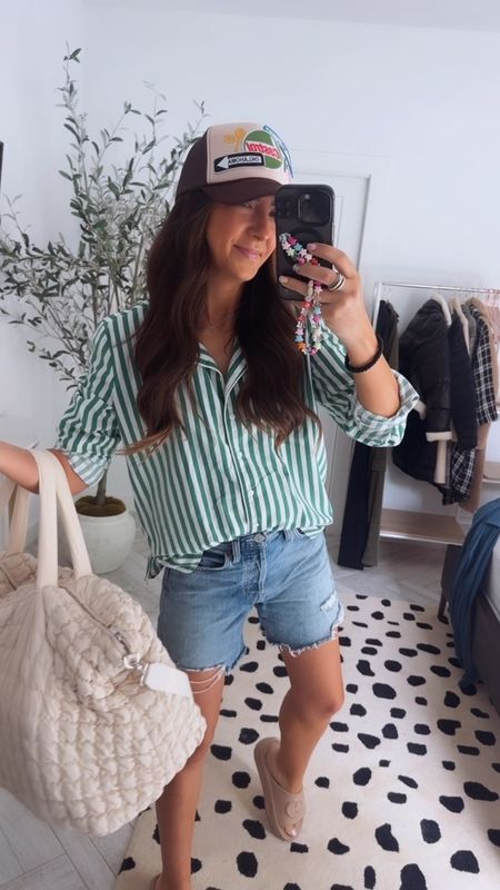 Roadtrip attire. Splendid green stripe button up top with Agolde mom jean shorts. Gucci look a like sandals with patched hat. This big weekender tote bag from Target is the best for quick trips  

#LTKtravel