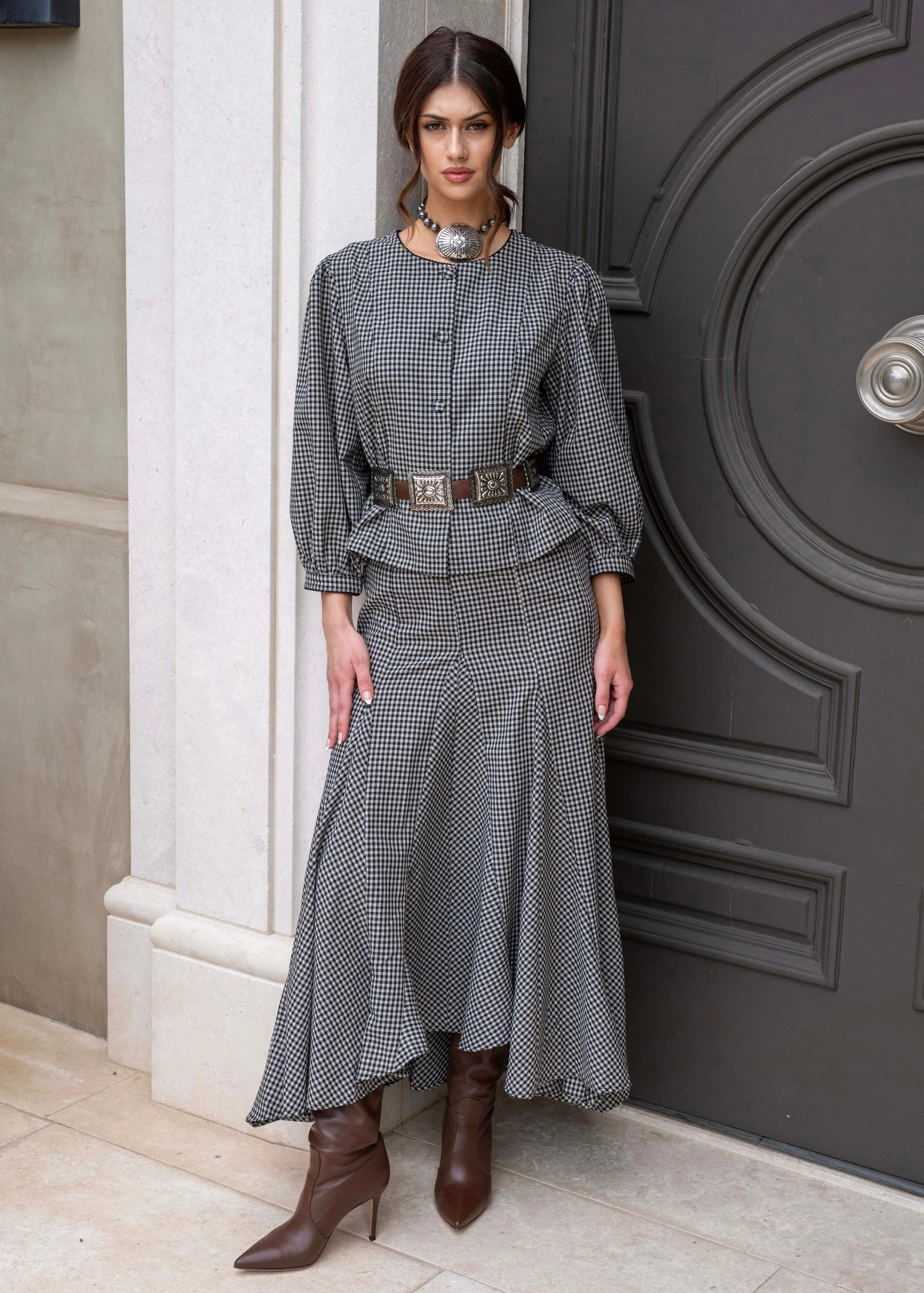 Alexis Flounce Hem Black and Taupe Gingham Maxi Skirt | Benaar La