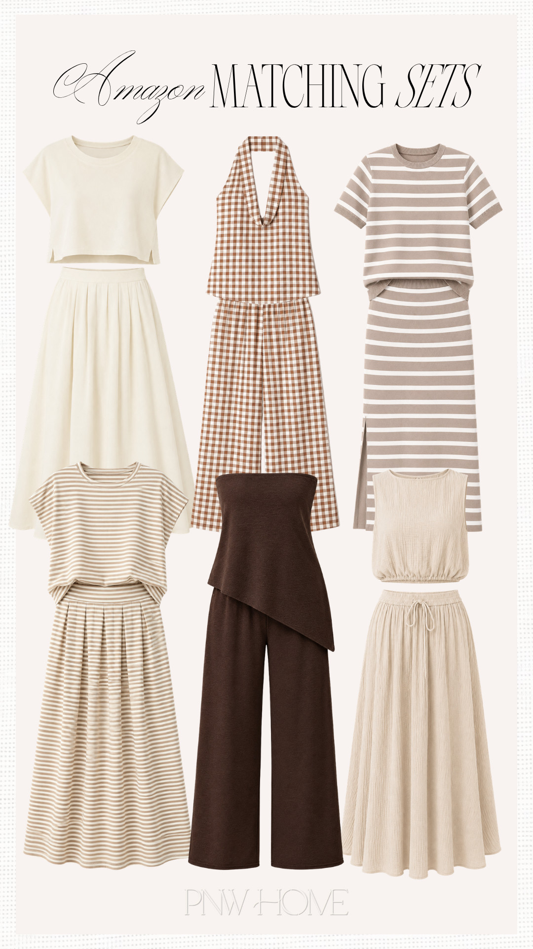 Amazon matching sets that are perfect for taking from summer through early fall!

seasonal style, summer fashion, summer looks, summer outfit, fall fashion, fall style, fall outfit, fall looks, striped set, neutral matching sets, gingham set, brown matching set, midi skirt, capri pants, halter top, knit set, mom style, mom outfit, mom looks, casual looks, casual outfit, casual style, strapless top, off-white set, white set, summer sets 

 #LTKgrwm #LTKootd #LTKSeasonal