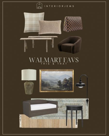 Walmart favorites, brown accent chair, framed art, rug runner, pathway light, brown daybed, checkered makeup bag, table lamp, affordable, living room furniture

#LTKhome #LTKsalealert #LTKstyletip