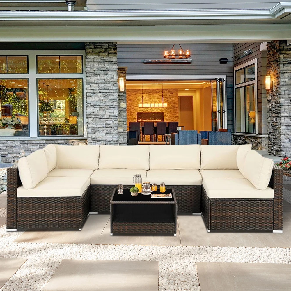 7 Piece Rattan Sectional Sofa Set, Outdoor Conversation Set, All-Weather Wicker Sectional Seating... | Walmart (US)