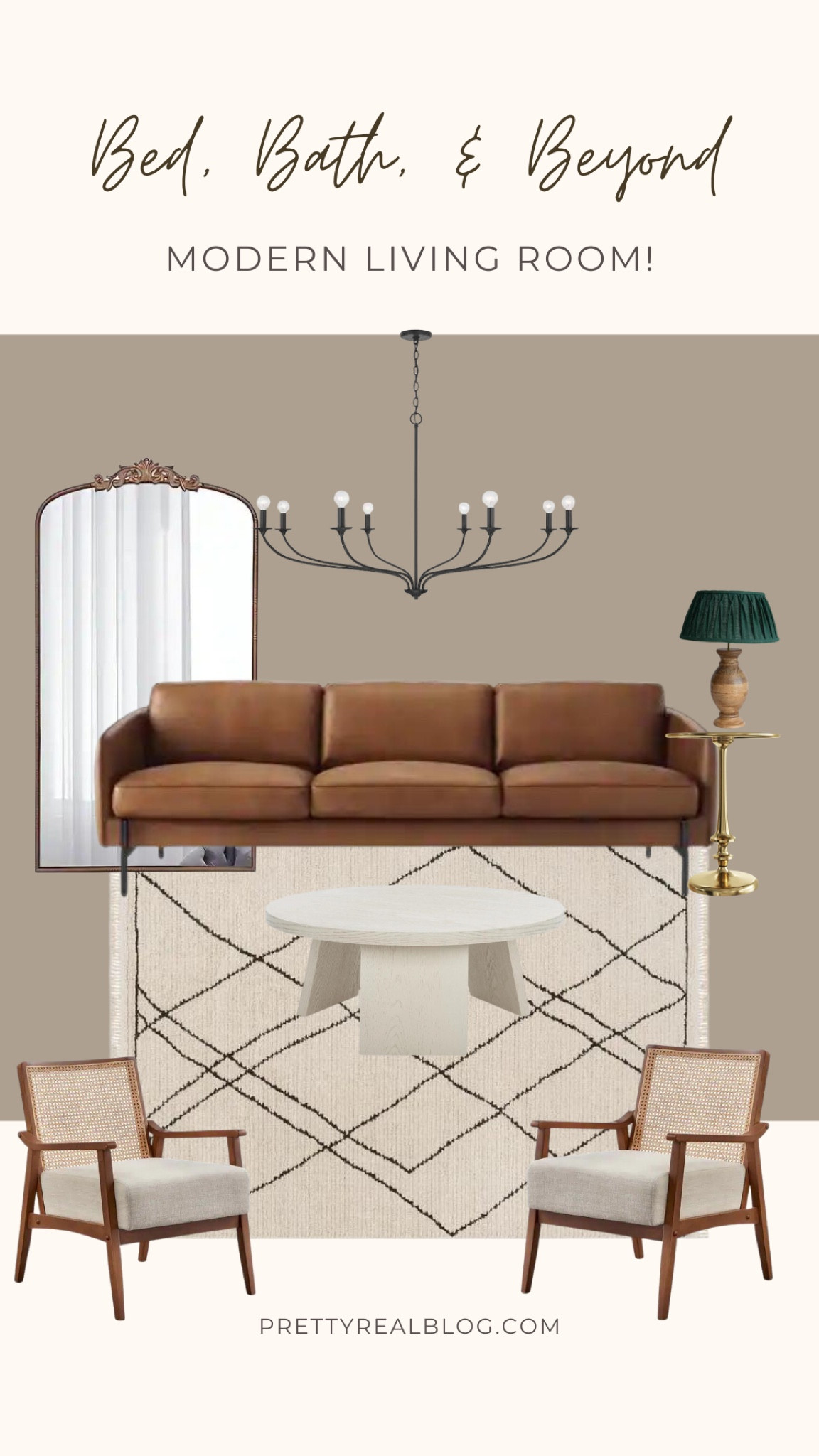 Vintage modern living room mood board, Moroccan style rug, leather sofa, brass mirror, white coffee table, rattan chair, black chandelier Ad 

#LTKhome