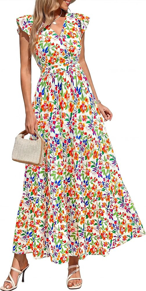 PRETTYGARDEN Women's Spring Summer Maxi Dresses 2026 Casual Wrap V Neck Floral Ruffle Sleeve Flow... | Amazon (US)