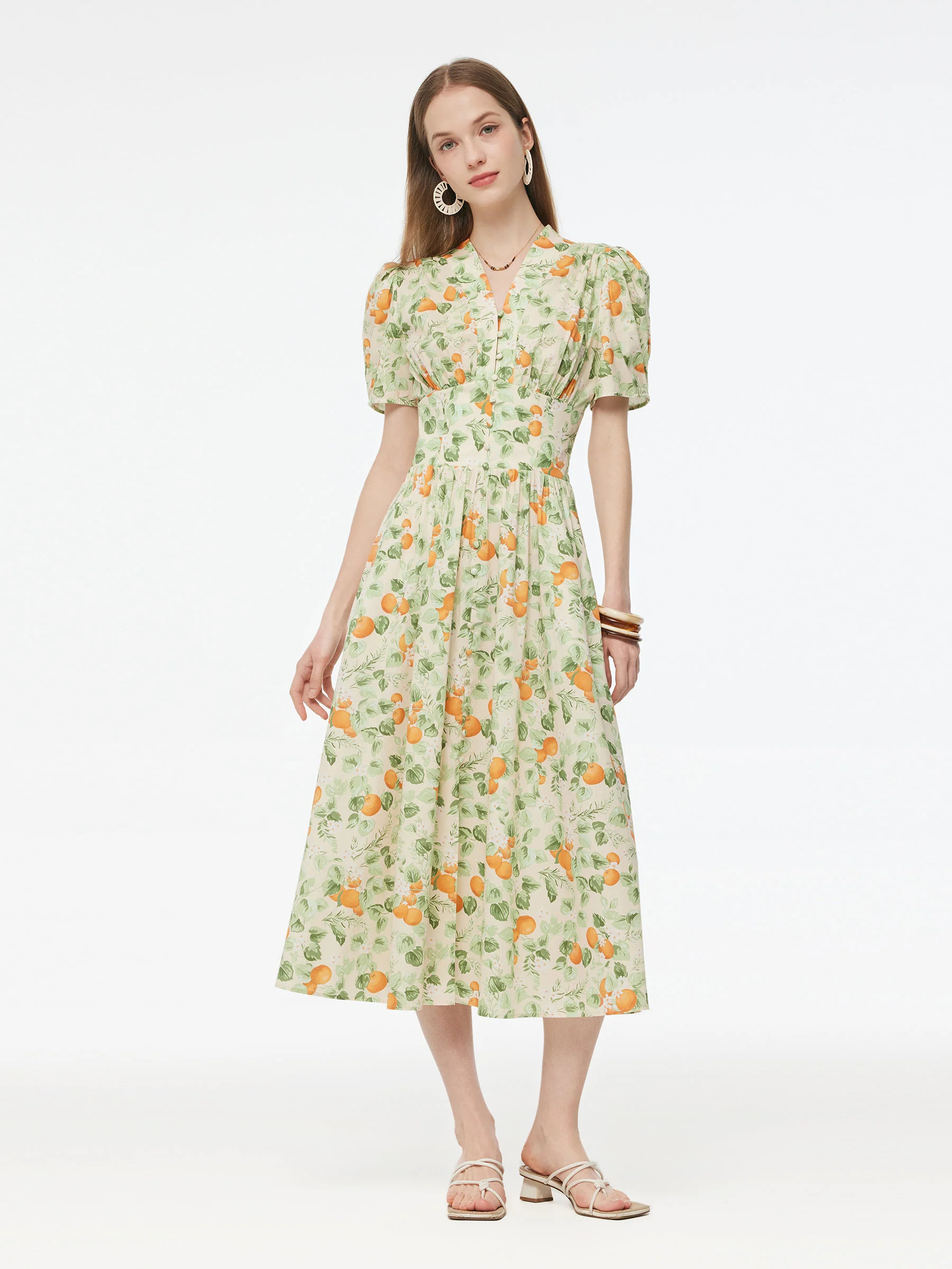 Cotton Gathered Waist Floral Print Women Maxi Dress | GOELIA