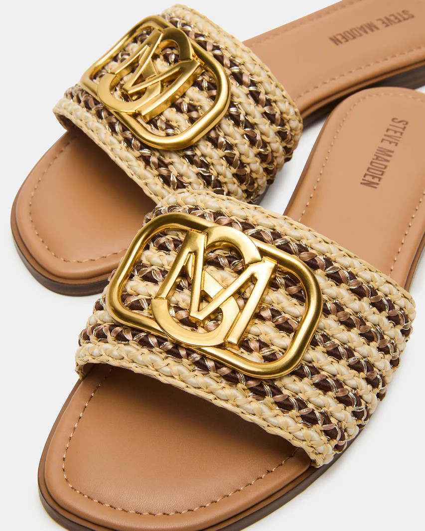 KORA Brown Raffia Gold Detail Slide Women's Sandal | Steve Madden (US)