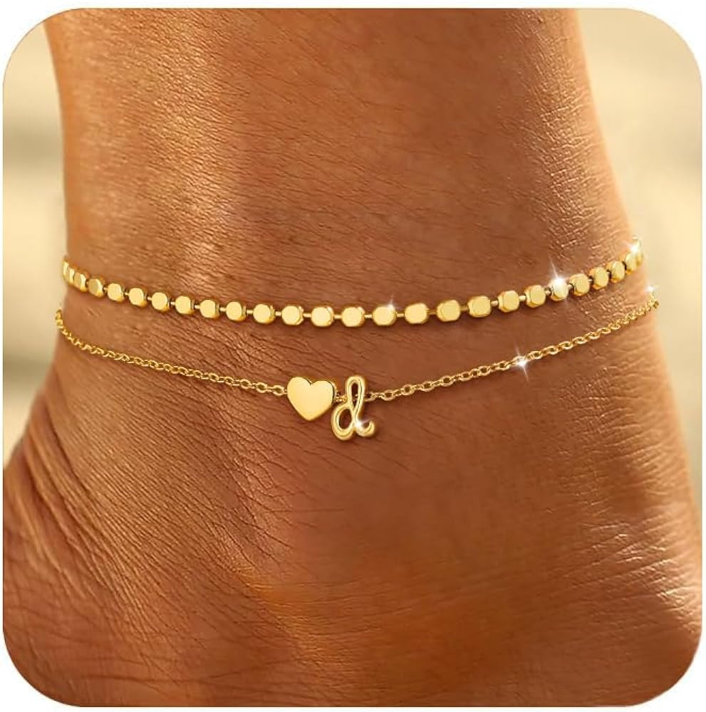 Initial Ankle Bracelets for Women Waterproof 14K Gold Plated Layered Anklets for Women Non Tarnis... | Amazon (US)