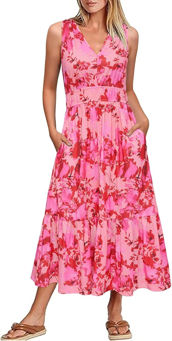 Newshows Women's 2025 Summer Dress Vacation V Neck Sleeveless Midi Dress Tiered Tank Swing Sundre... | Amazon (US)