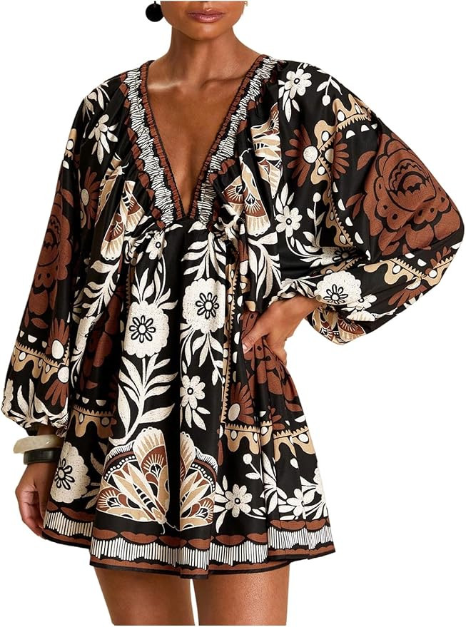 RoseSeek Women's Boho Floral V Neck Mini Dress Bishop Sleeve Tropical Dress | Tie Open Back, Vaca... | Amazon (US)