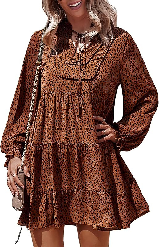 Womens Fall Dresses 2023 Long Sleeve Tunic Ruffle Leopard Floral Print Boho Casual Loose Swing Mi... | Amazon (US)