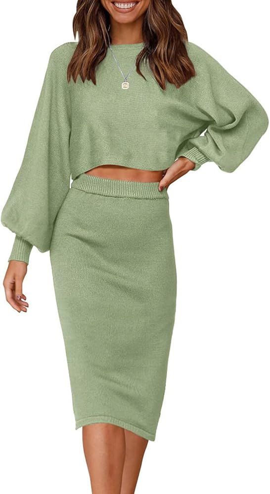 Women's Casual Two Piece Outfits Long Sleeve Ribbed Knit Top and Bodycon Midi Skirt Oversized Pul... | Amazon (US)